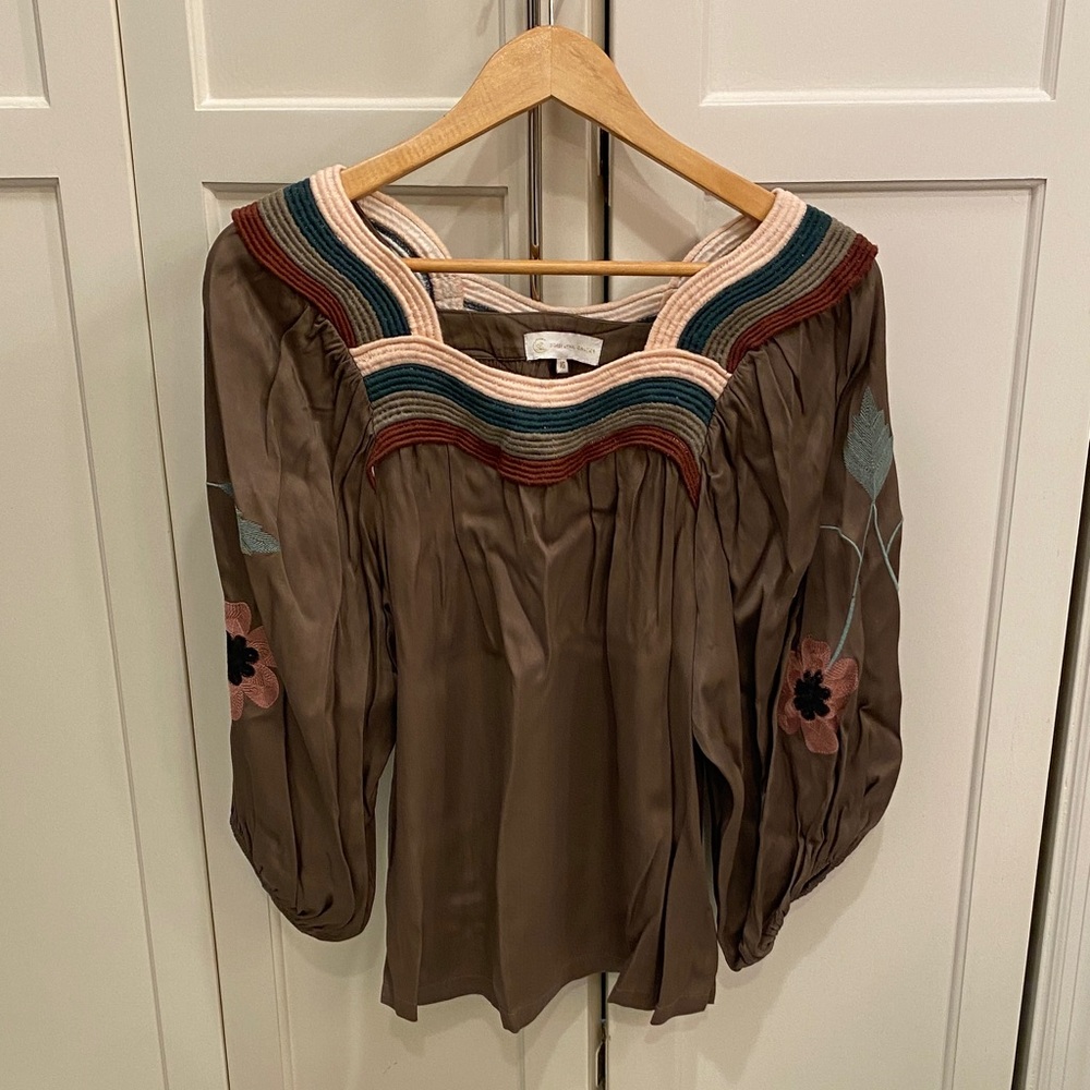 Corey Lynn Calter Brown Blouse with Embroidered flowers
